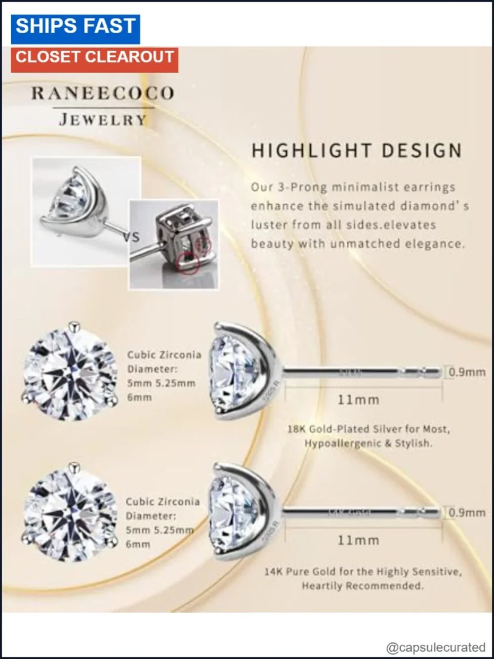 18K Gold Plated Sterling Silver Cubic Zirconia Stud Earrings